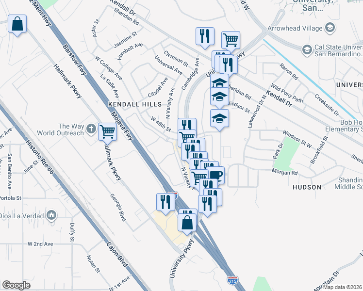 map of restaurants, bars, coffee shops, grocery stores, and more near 4594 University Parkway in San Bernardino