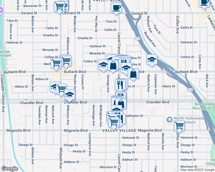 map of restaurants, bars, coffee shops, grocery stores, and more near 5448 Vantage Avenue in Los Angeles