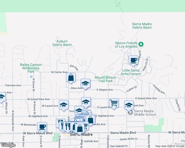 map of restaurants, bars, coffee shops, grocery stores, and more near 58 East Carter Avenue in Sierra Madre