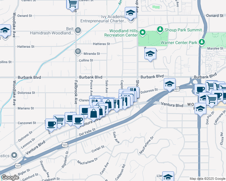 map of restaurants, bars, coffee shops, grocery stores, and more near 22539 Dolorosa Street in Los Angeles