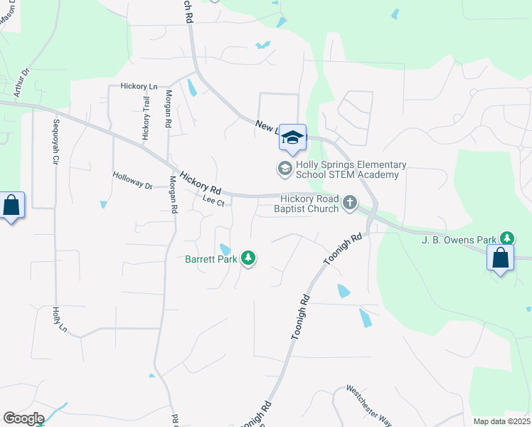 map of restaurants, bars, coffee shops, grocery stores, and more near 308 Apache Drive in Holly Springs