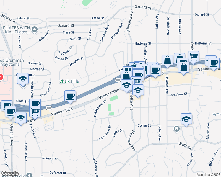 map of restaurants, bars, coffee shops, grocery stores, and more near 20205 Ventura Blvd in Woodland Hills