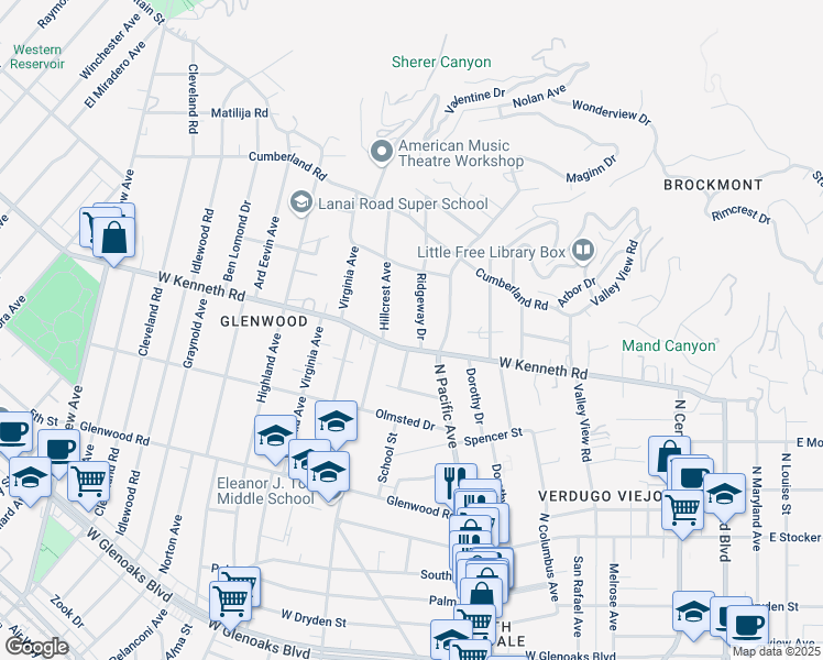 map of restaurants, bars, coffee shops, grocery stores, and more near 527 West Kenneth Road in Glendale