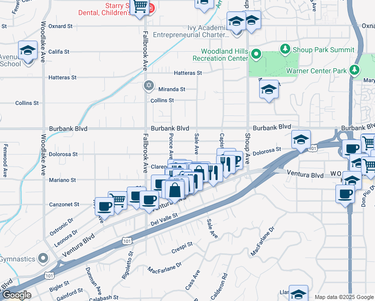 map of restaurants, bars, coffee shops, grocery stores, and more near 22621 Dolorosa Street in Los Angeles