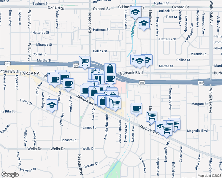 map of restaurants, bars, coffee shops, grocery stores, and more near 18365 Clark Street in Los Angeles