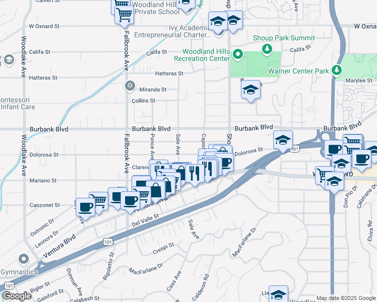 map of restaurants, bars, coffee shops, grocery stores, and more near 22539 Dolorosa Street in Los Angeles