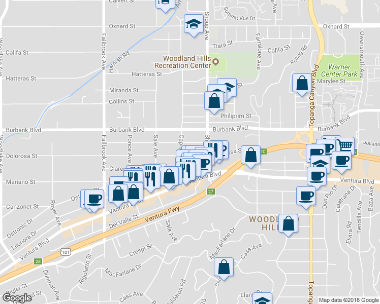map of restaurants, bars, coffee shops, grocery stores, and more near 22445 Dolorosa Street in Los Angeles