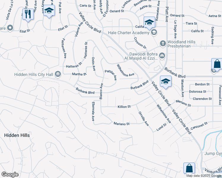 map of restaurants, bars, coffee shops, grocery stores, and more near 5440 Rozie Avenue in Los Angeles
