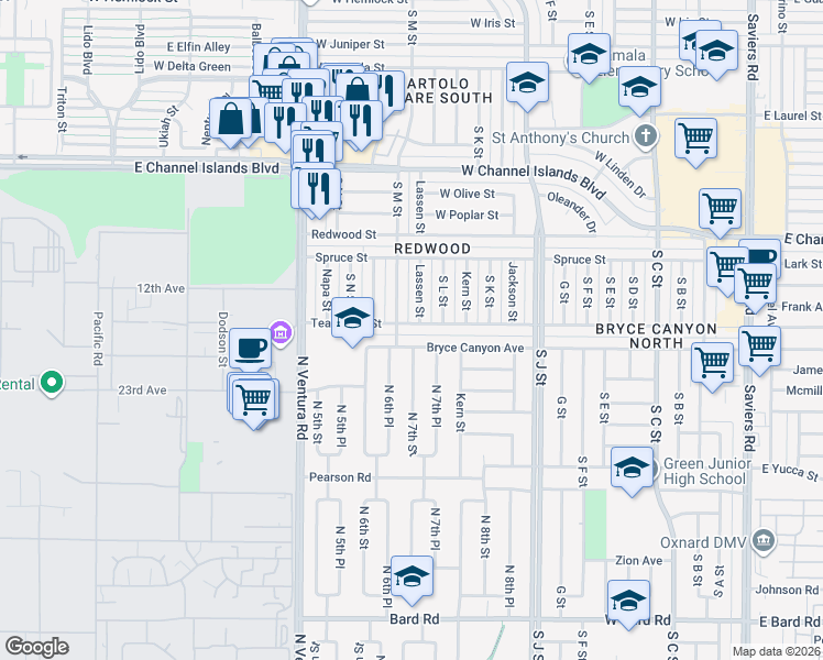 map of restaurants, bars, coffee shops, grocery stores, and more near 1140 Teakwood Street in Oxnard