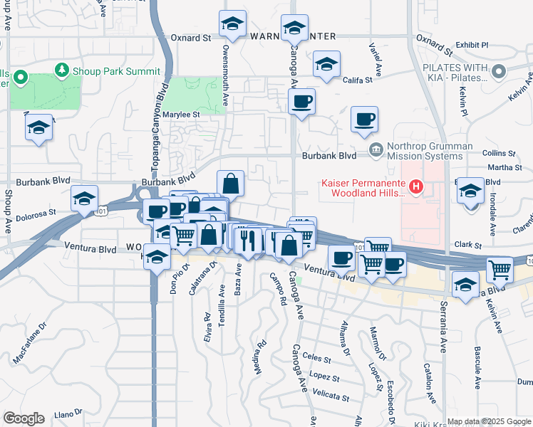 map of restaurants, bars, coffee shops, grocery stores, and more near 5525 Canoga Avenue in Los Angeles