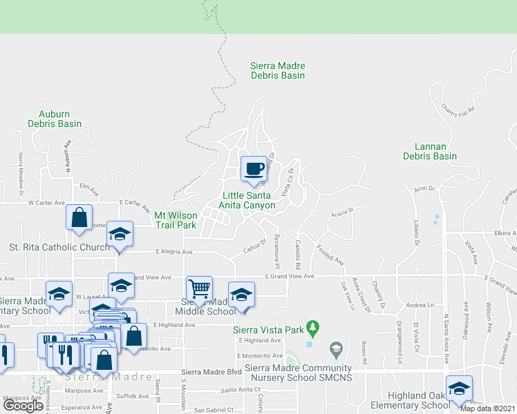 map of restaurants, bars, coffee shops, grocery stores, and more near 475 Sturtevant Drive in Sierra Madre