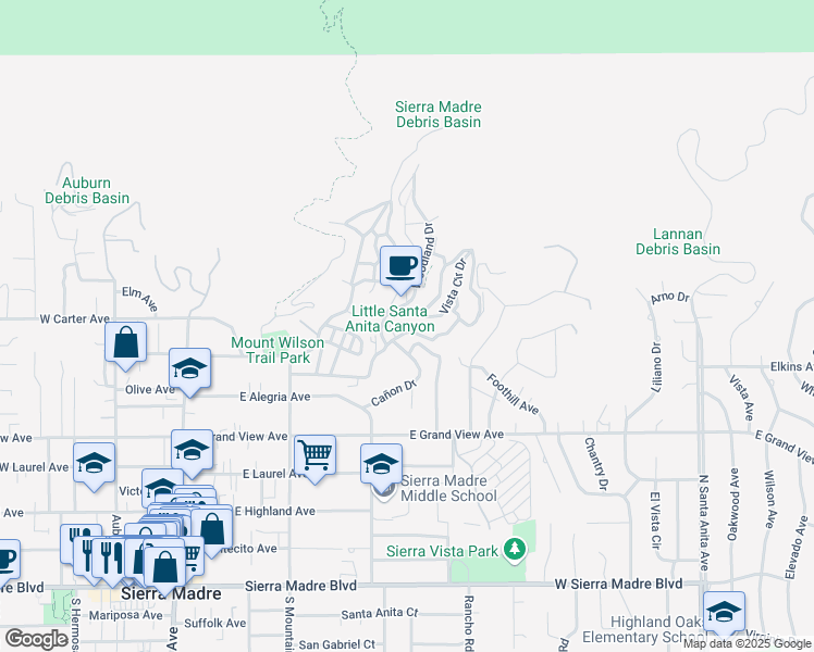 map of restaurants, bars, coffee shops, grocery stores, and more near 475 Sturtevant Drive in Sierra Madre