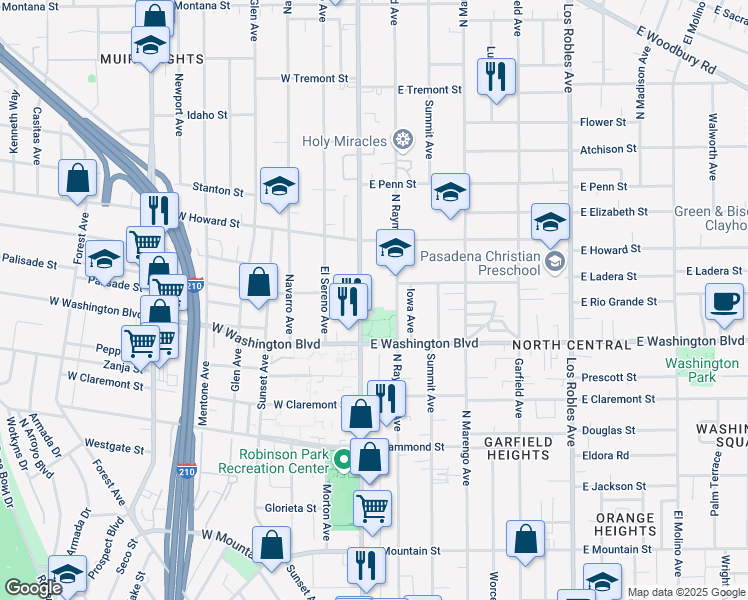 map of restaurants, bars, coffee shops, grocery stores, and more near 1410 North Fair Oaks Avenue in Pasadena