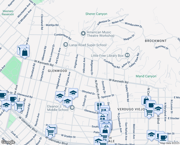 map of restaurants, bars, coffee shops, grocery stores, and more near 527 West Kenneth Road in Glendale