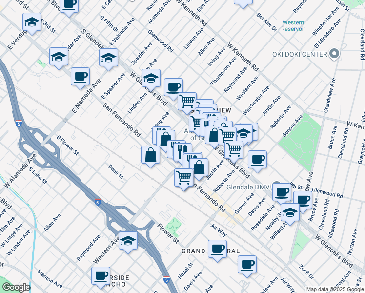 map of restaurants, bars, coffee shops, grocery stores, and more near 1031 Western Avenue in Glendale