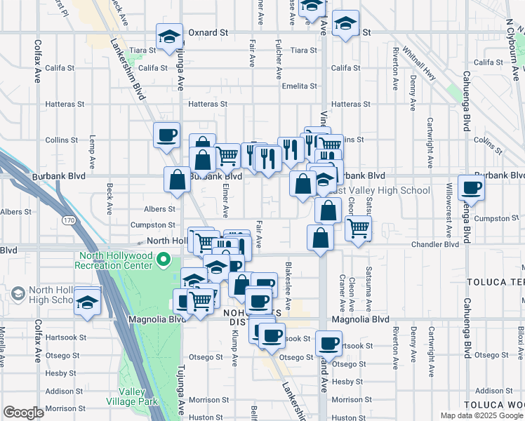 map of restaurants, bars, coffee shops, grocery stores, and more near 5500 Bonner Avenue in Los Angeles
