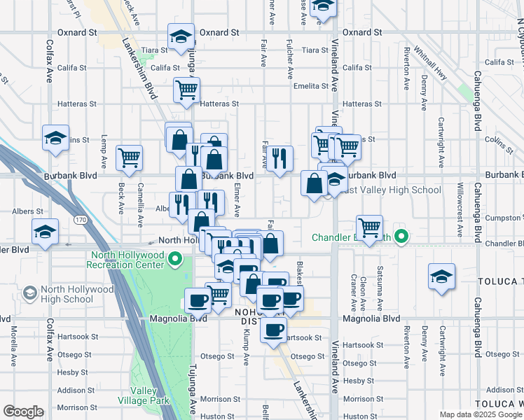 map of restaurants, bars, coffee shops, grocery stores, and more near 5505 Klump Avenue in Los Angeles