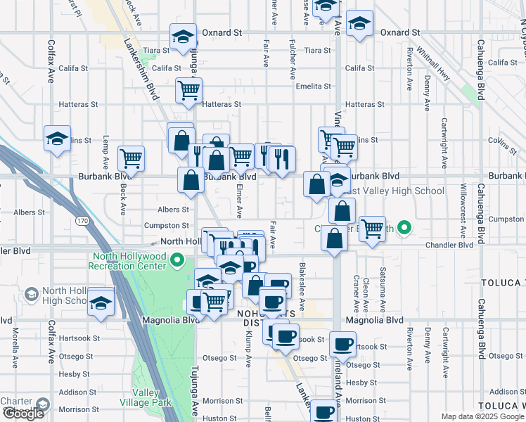 map of restaurants, bars, coffee shops, grocery stores, and more near 5505 Klump Avenue in Los Angeles
