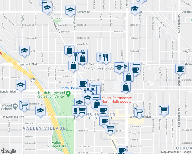 map of restaurants, bars, coffee shops, grocery stores, and more near 5505 Klump Avenue in Los Angeles