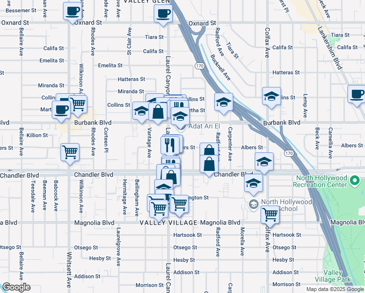 map of restaurants, bars, coffee shops, grocery stores, and more near 5444 Agnes Avenue in Los Angeles