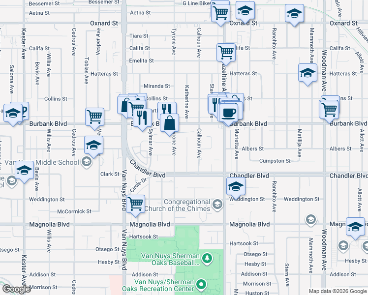 map of restaurants, bars, coffee shops, grocery stores, and more near 5450 Katherine Avenue in Los Angeles