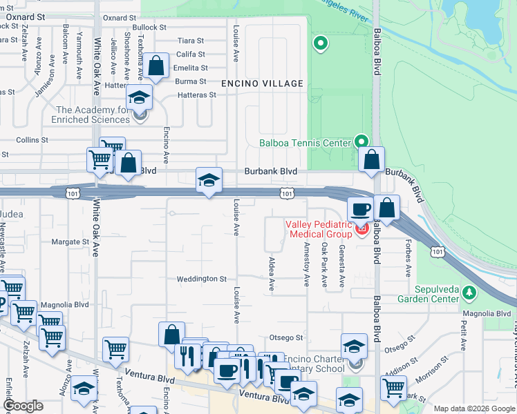 map of restaurants, bars, coffee shops, grocery stores, and more near 5440 Louise Avenue in Los Angeles