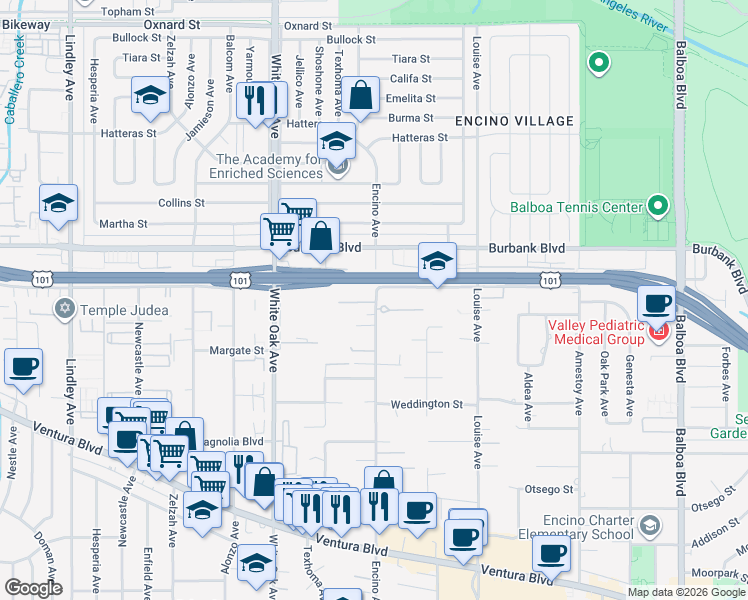 map of restaurants, bars, coffee shops, grocery stores, and more near 5457 Encino Avenue in Los Angeles
