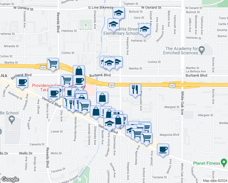 map of restaurants, bars, coffee shops, grocery stores, and more near 18134 Killion Street in Los Angeles