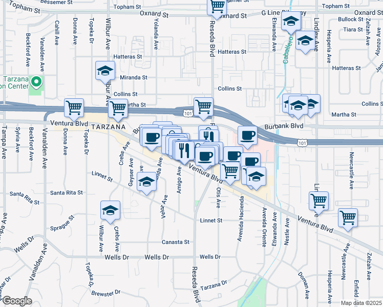 map of restaurants, bars, coffee shops, grocery stores, and more near 18547 Ventura Boulevard in Los Angeles