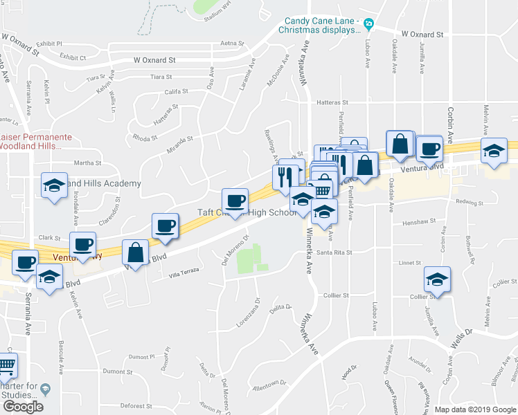 map of restaurants, bars, coffee shops, grocery stores, and more near 20205 Ventura Boulevard in Los Angeles