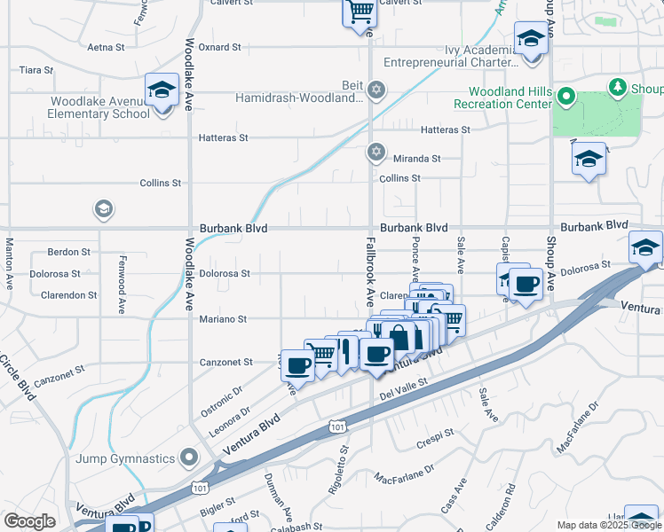 map of restaurants, bars, coffee shops, grocery stores, and more near 22830 Dolorosa Street in Los Angeles