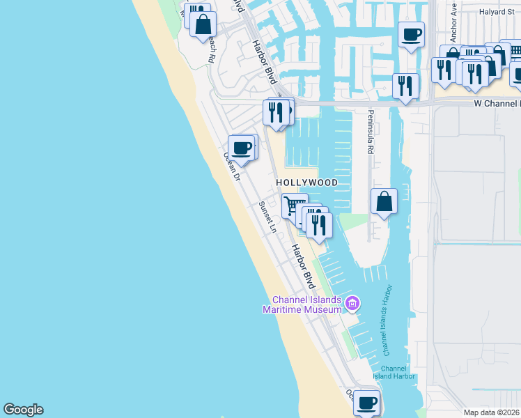 map of restaurants, bars, coffee shops, grocery stores, and more near 3836 Ocean Drive in Oxnard