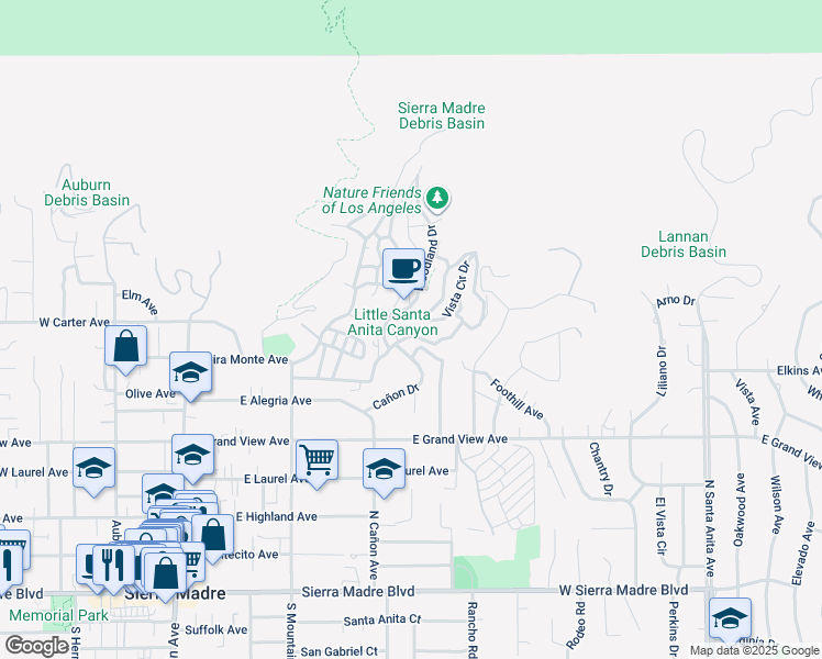 map of restaurants, bars, coffee shops, grocery stores, and more near 533 Sturtevant Drive in Sierra Madre