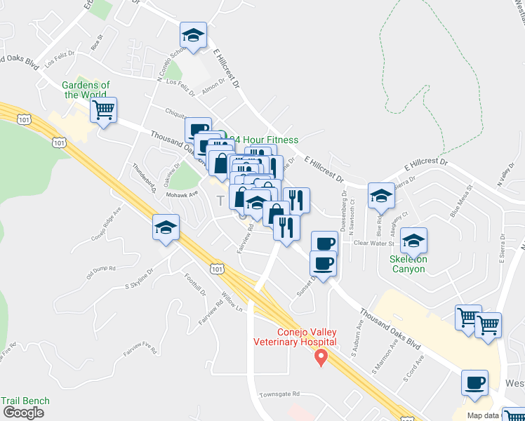 map of restaurants, bars, coffee shops, grocery stores, and more near in Thousand Oaks