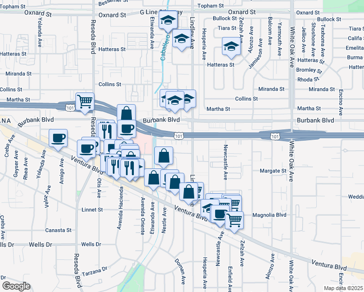 map of restaurants, bars, coffee shops, grocery stores, and more near 18134 Killion Street in Los Angeles