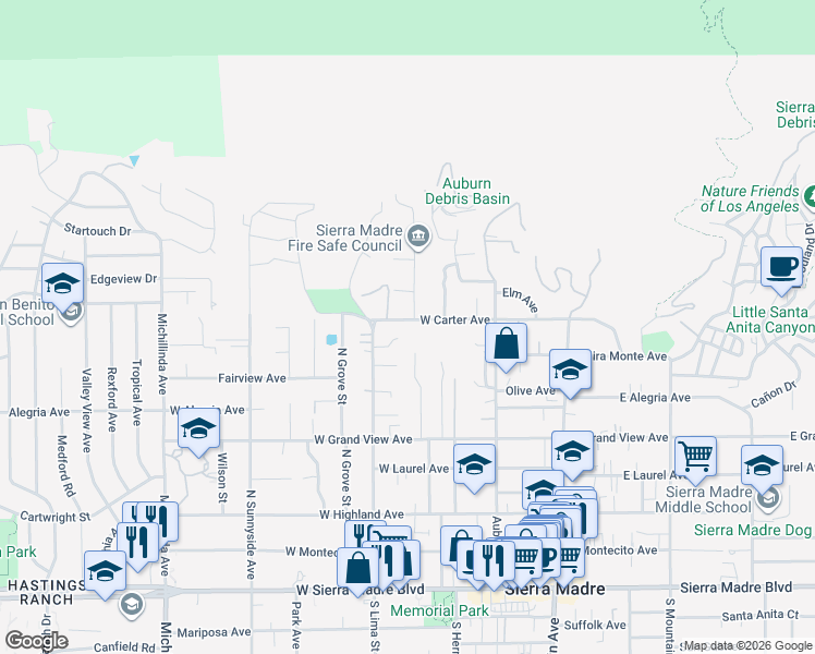 map of restaurants, bars, coffee shops, grocery stores, and more near 260 West Carter Avenue in Sierra Madre