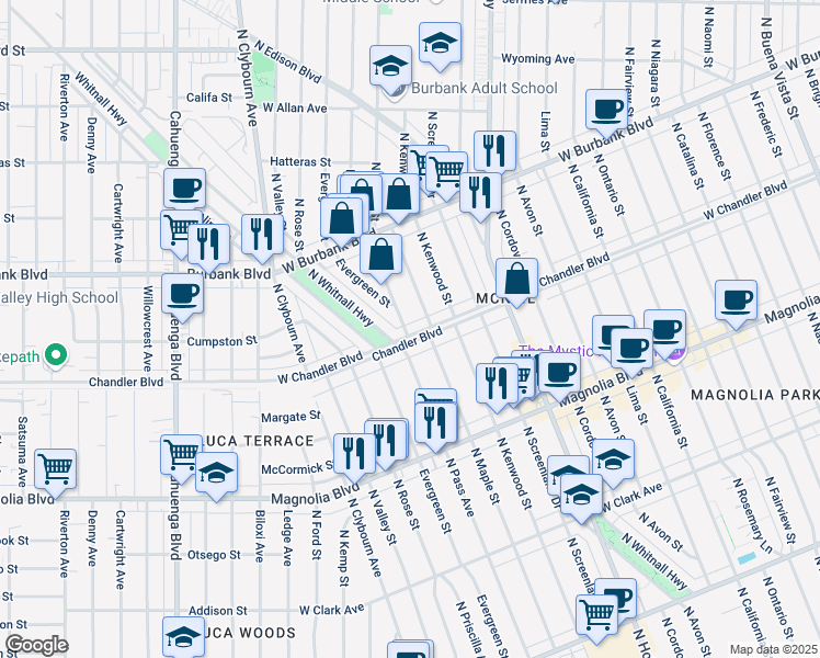map of restaurants, bars, coffee shops, grocery stores, and more near 1200 North Pass Avenue in Burbank