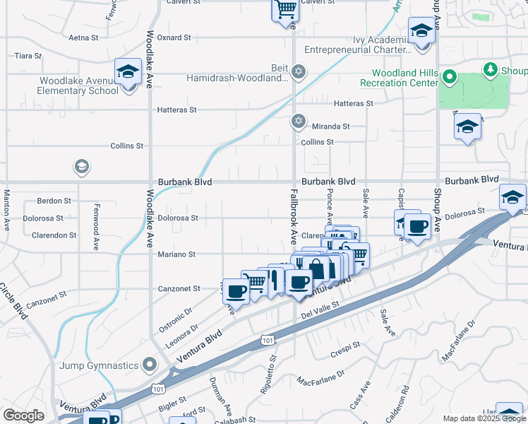 map of restaurants, bars, coffee shops, grocery stores, and more near 22830 Dolorosa Street in Los Angeles