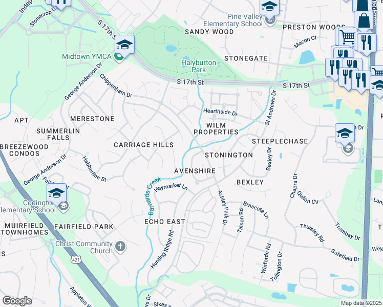 map of restaurants, bars, coffee shops, grocery stores, and more near 1012 Avenshire Circle in Wilmington