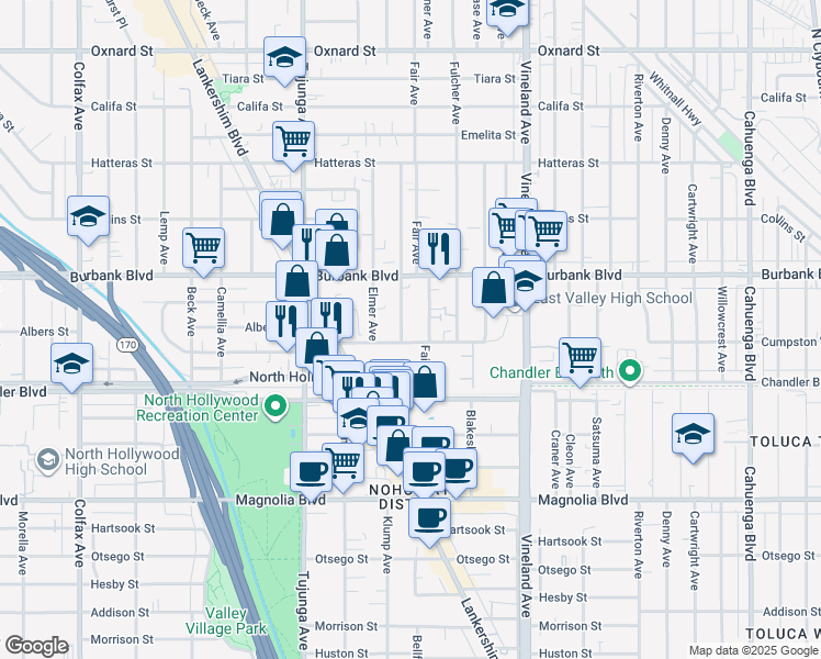 map of restaurants, bars, coffee shops, grocery stores, and more near 5505 Klump Avenue in Los Angeles