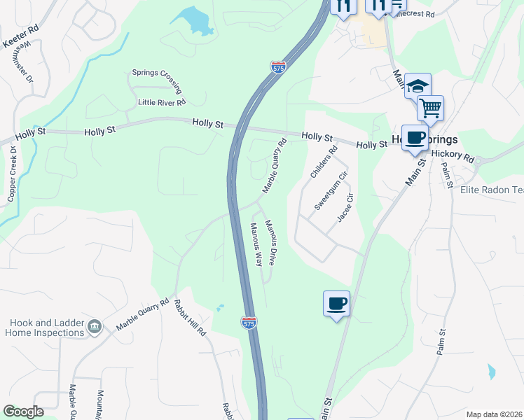 map of restaurants, bars, coffee shops, grocery stores, and more near 135 Manous Way in Canton