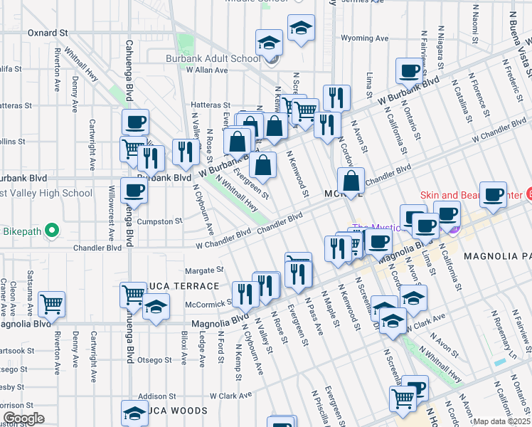 map of restaurants, bars, coffee shops, grocery stores, and more near 1212 North Whitnall Highway in Burbank