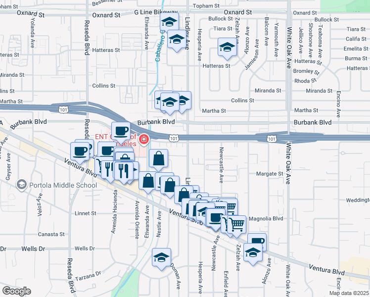 map of restaurants, bars, coffee shops, grocery stores, and more near 5471 Lindley Avenue in Los Angeles