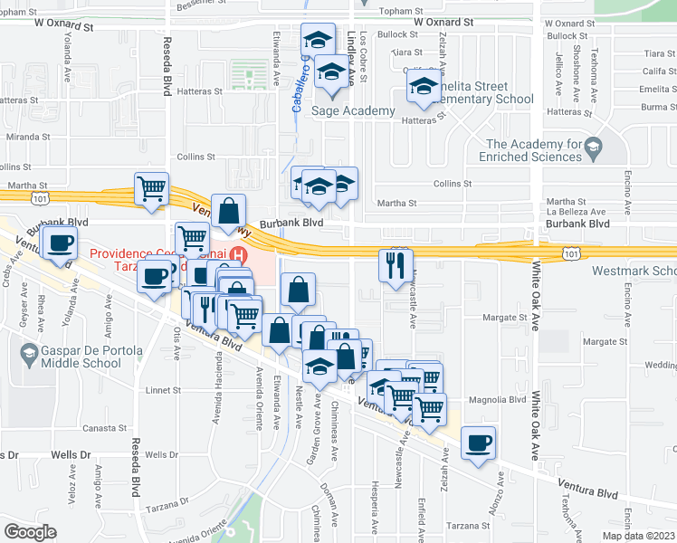 map of restaurants, bars, coffee shops, grocery stores, and more near 18110 Killion Street in Los Angeles