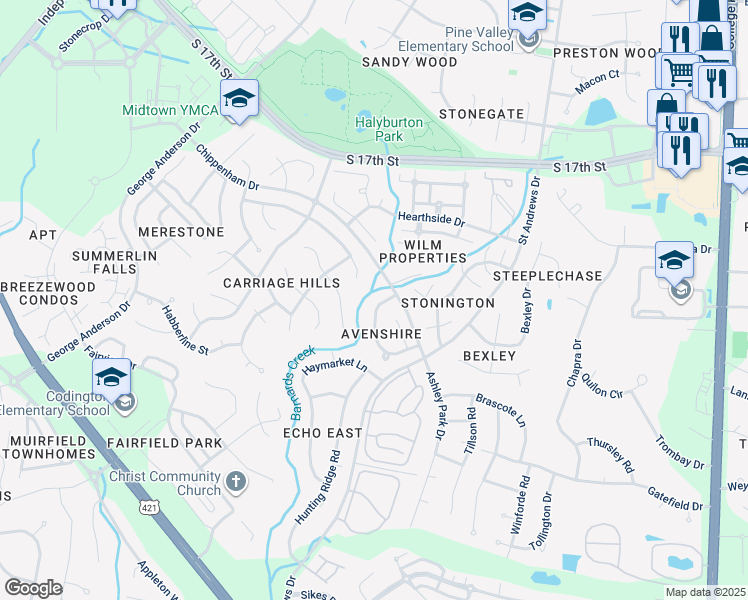 map of restaurants, bars, coffee shops, grocery stores, and more near 1012 Avenshire Circle in Wilmington