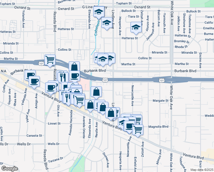 map of restaurants, bars, coffee shops, grocery stores, and more near 18110 Killion Street in Los Angeles