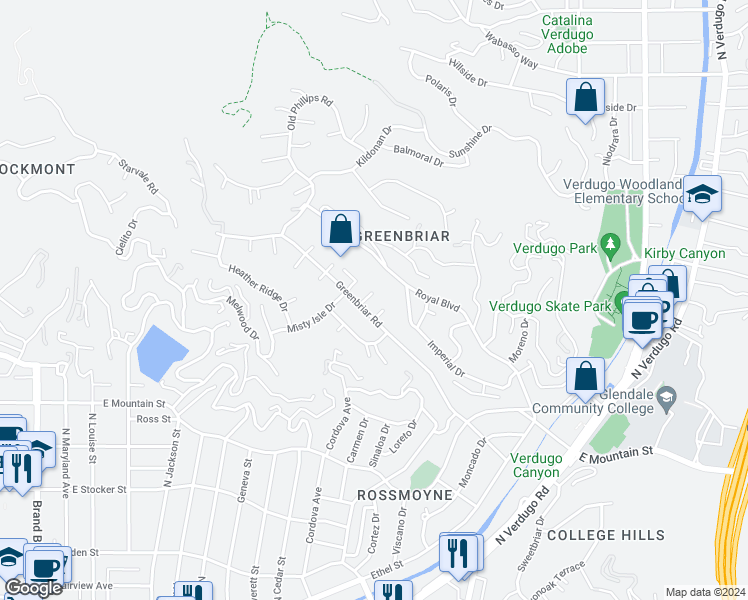 map of restaurants, bars, coffee shops, grocery stores, and more near 950 Pebbleshire Road in Glendale