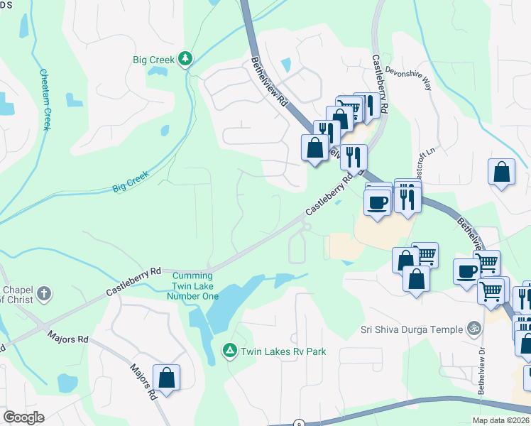 map of restaurants, bars, coffee shops, grocery stores, and more near 5702 Castleberry Road in Cumming