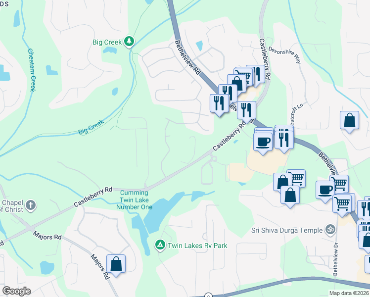 map of restaurants, bars, coffee shops, grocery stores, and more near 5702 Castleberry Road in Cumming
