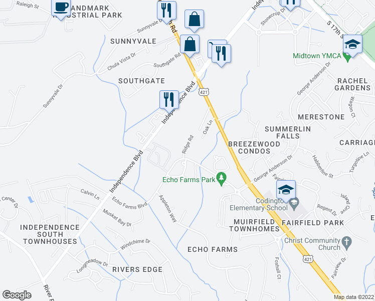 map of restaurants, bars, coffee shops, grocery stores, and more near 410 Ridge Road in Wilmington